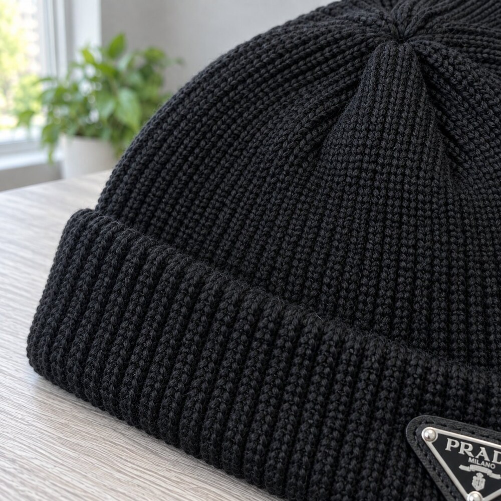 Prada Black Ribbed Triangle Logo Beanie - Picture 6 of 6